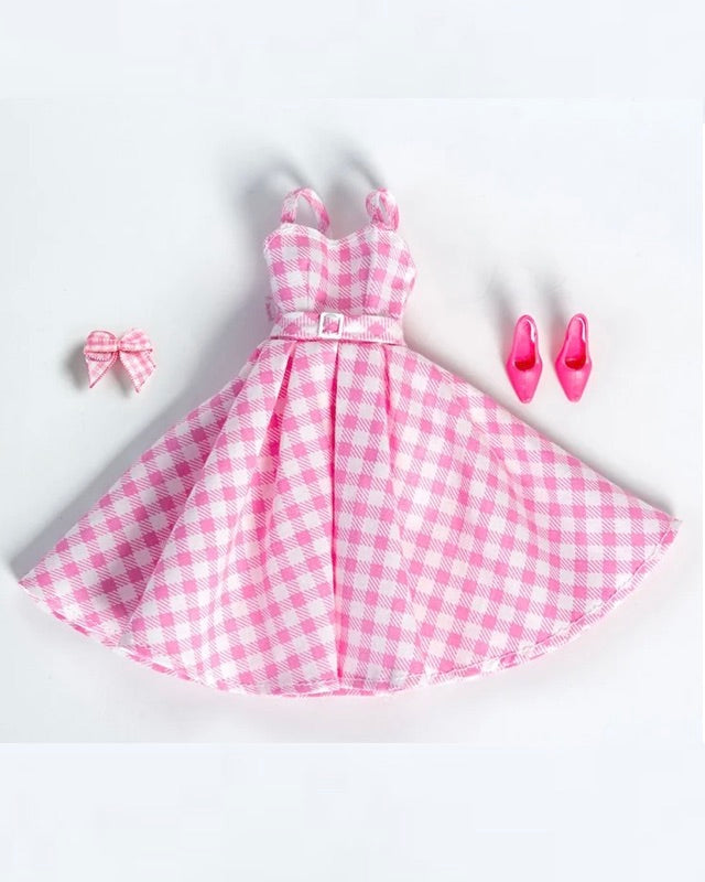 DOLLY® DOLL BARBIE CLOTHES SET BARBIE MOVIE PINK CHECKERED DRESS WITH BOW + SHOES FOR 12 inch 30 cm 1/6 scale fashion dolls