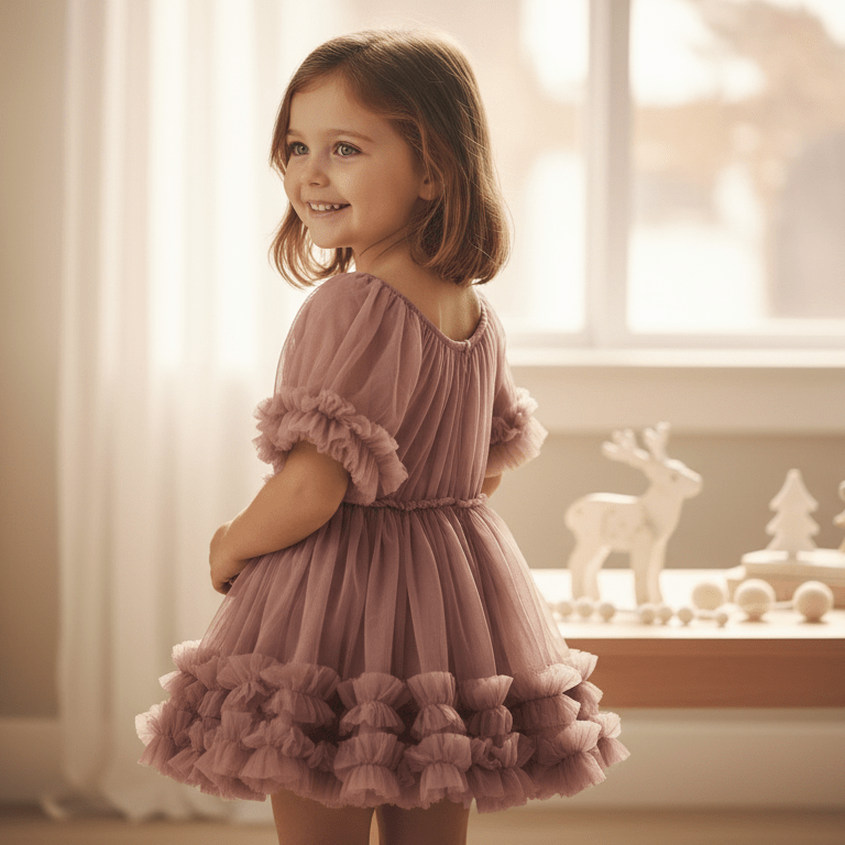 Young girl in a pink dress standing in a softly lit room with decorative elements.