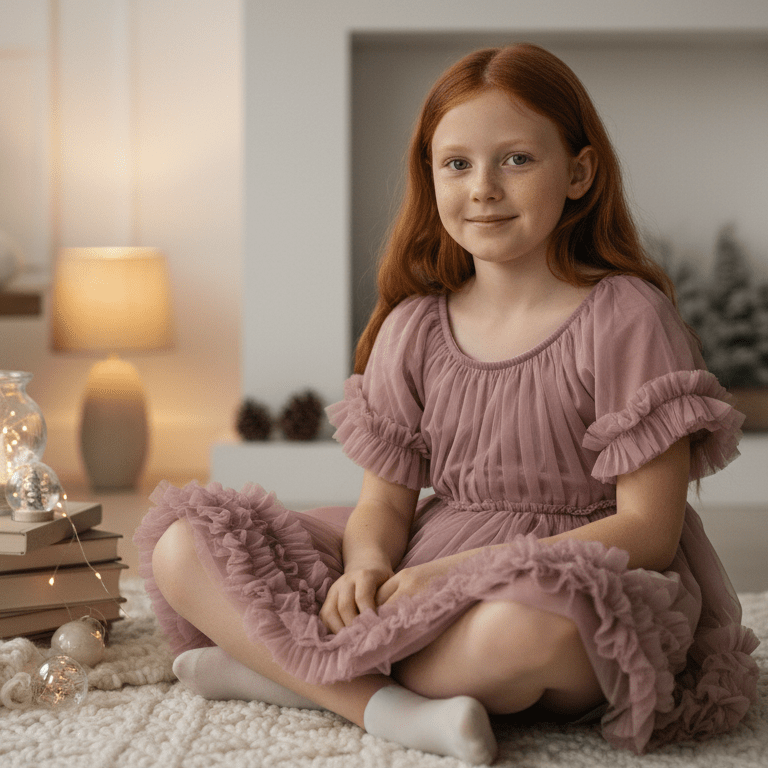 Young girl in a pink dress sitting on a carpeted floor with a warm, indoor setting.
