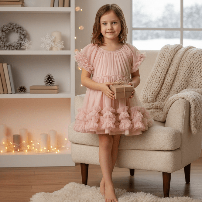 Young girl in a pink dress holding a gift box in a cozy living room.