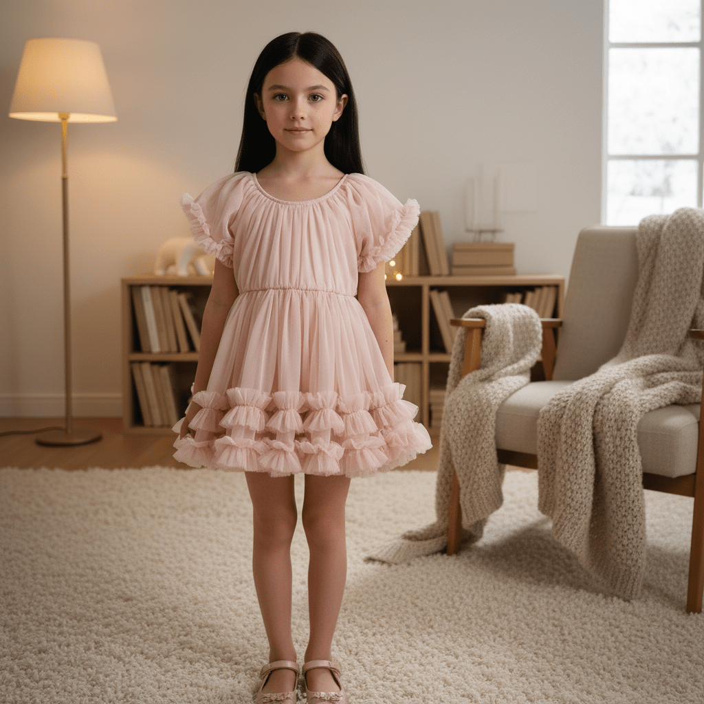 Young girl in a pink dress standing in a cozy living room.