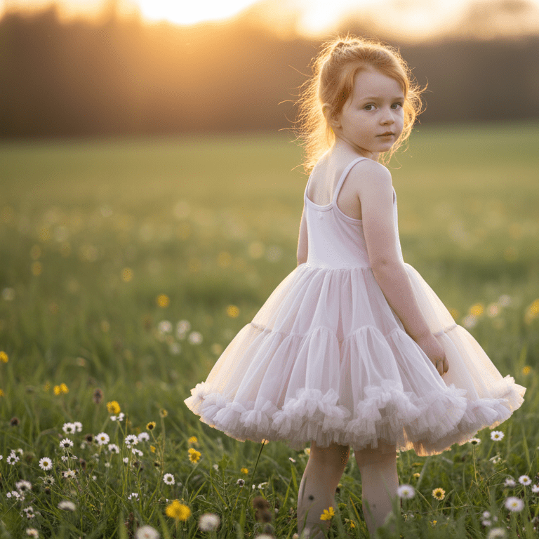 Young girl in a white dress standing in a field of flowers at sunset.