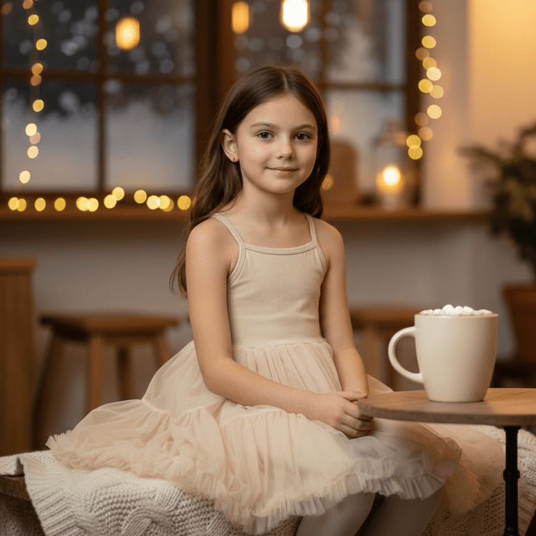 Young girl in a beige dress sitting at a table with a mug of hot chocolate, surrounded by warm lighting.