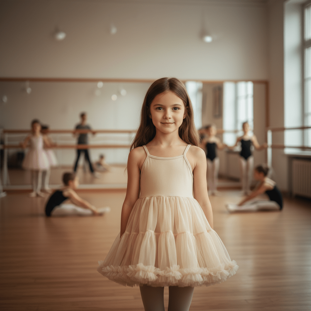 Young girl in a ballet dress standing in a dance studio with other students practicing in the background.