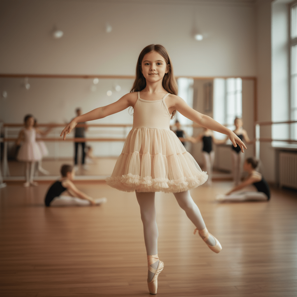 Young girl in a ballet class wearing a pink tutu and pointe shoes.