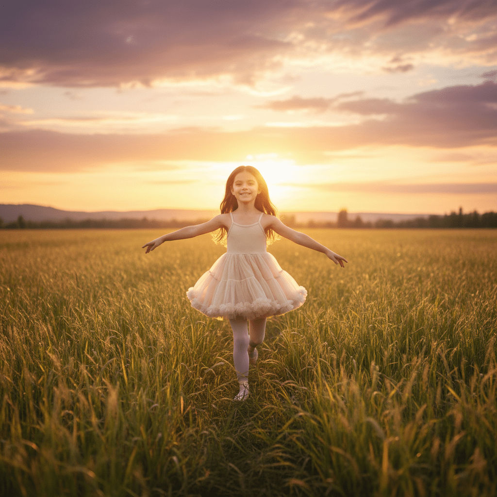 Young girl in a white dress running through a field at sunset