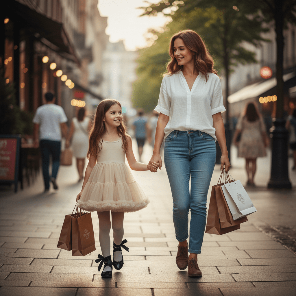 Woman and young girl walking down a street holding hands with shopping bags.