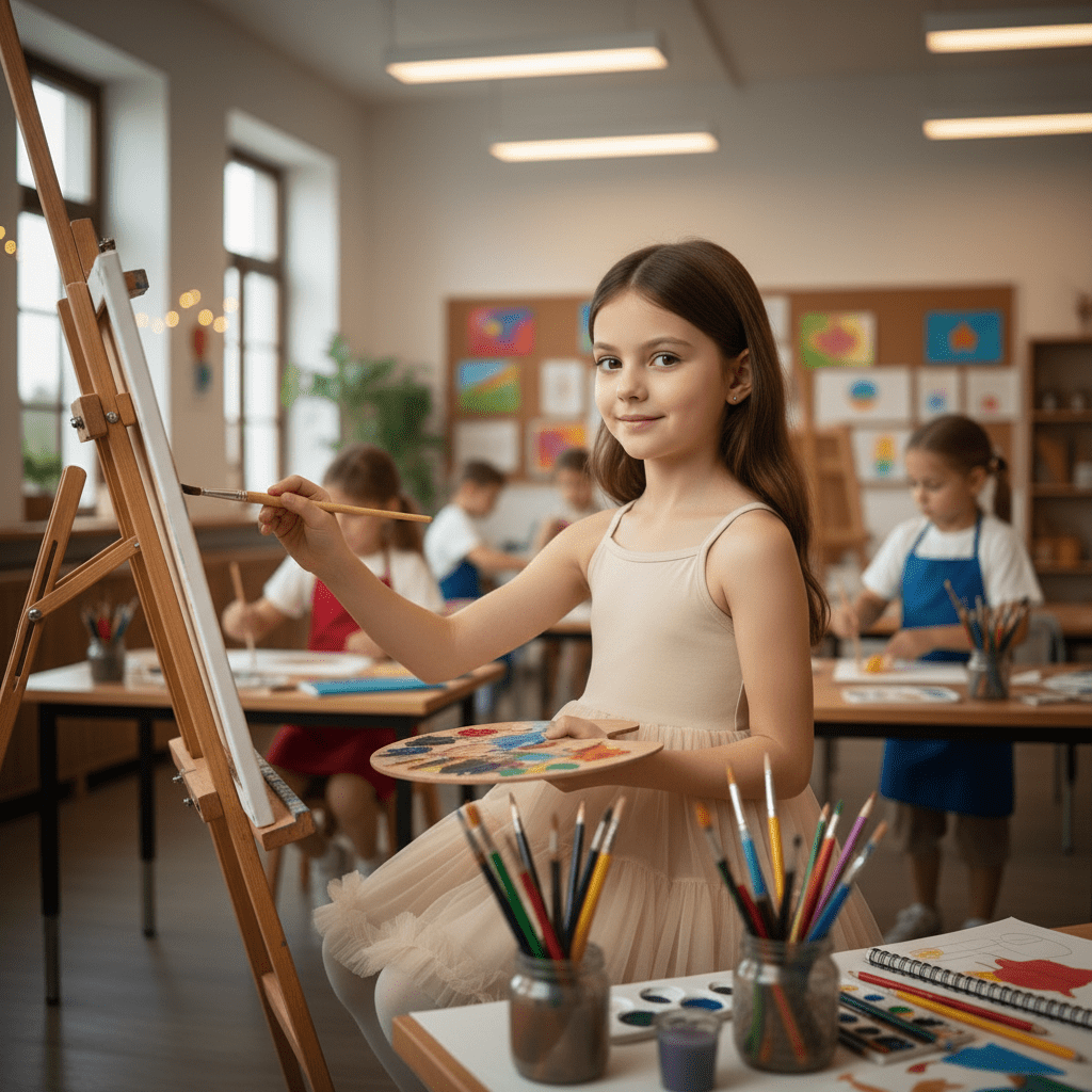 Young girl painting in an art classroom with classmates in the background