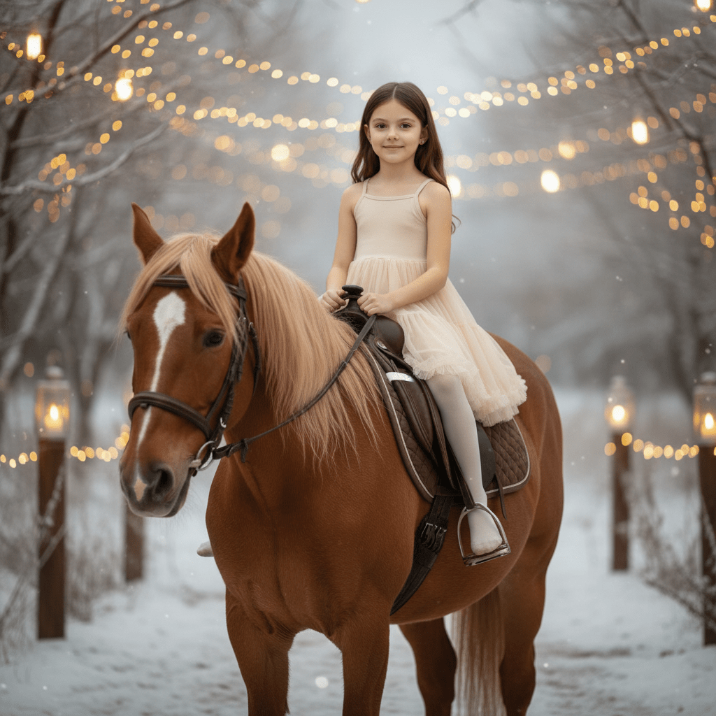 Young girl in a white dress riding a brown horse in a snowy landscape with string lights.