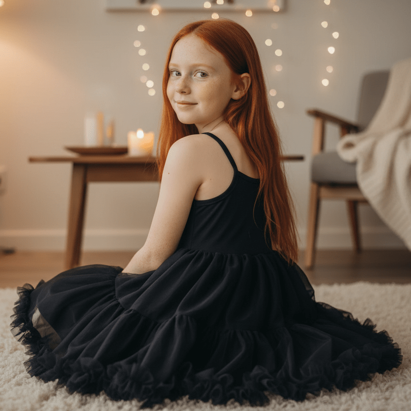 Young girl in a black dress sitting on the floor with a cozy indoor background