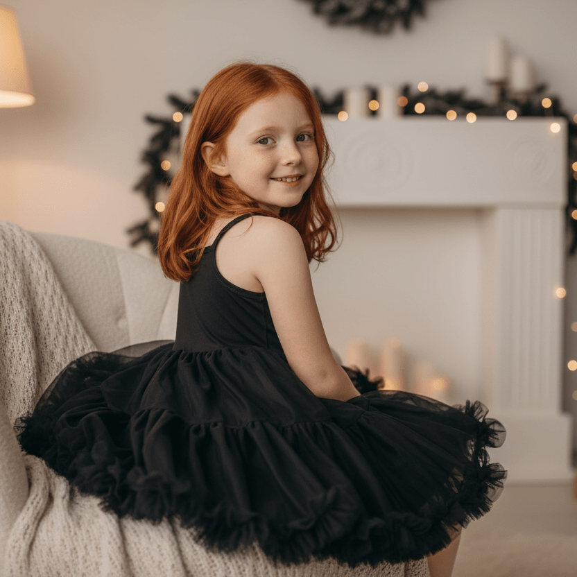 Young girl in a black dress with a ruffled skirt sitting on a couch in a cozy room.