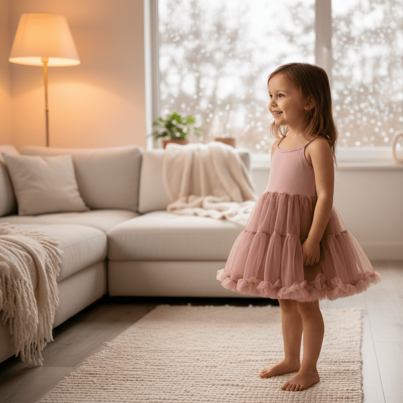 Young girl in a pink dress standing in a cozy living room.
