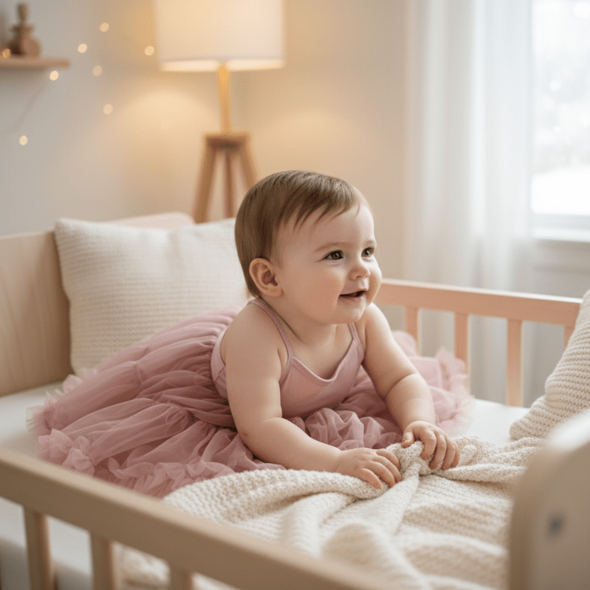 Baby in a pink dress sitting in a crib with a cozy room setting.