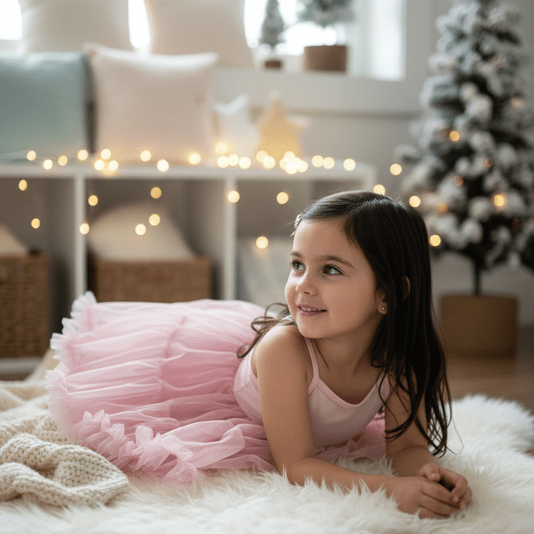 Young girl in a pink dress lying on a white rug with Christmas decorations in the background