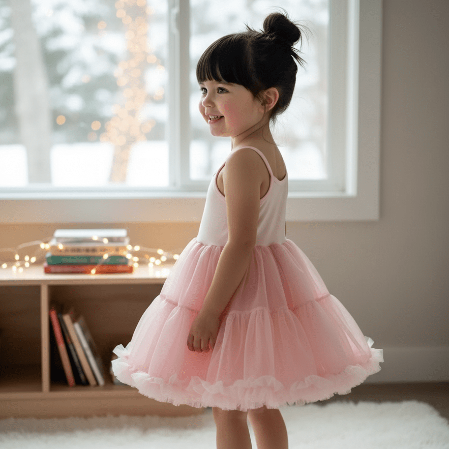 Young girl in a pink dress standing in a room with a window and books in the background