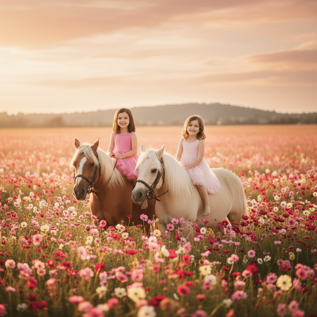 Two young girls riding horses in a field of flowers with a sunset sky.