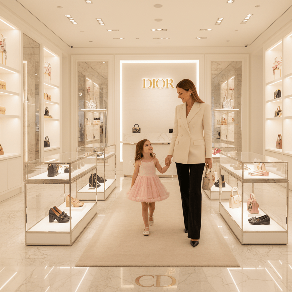 Woman and child walking through a Dior store with shoe displays on either side.
