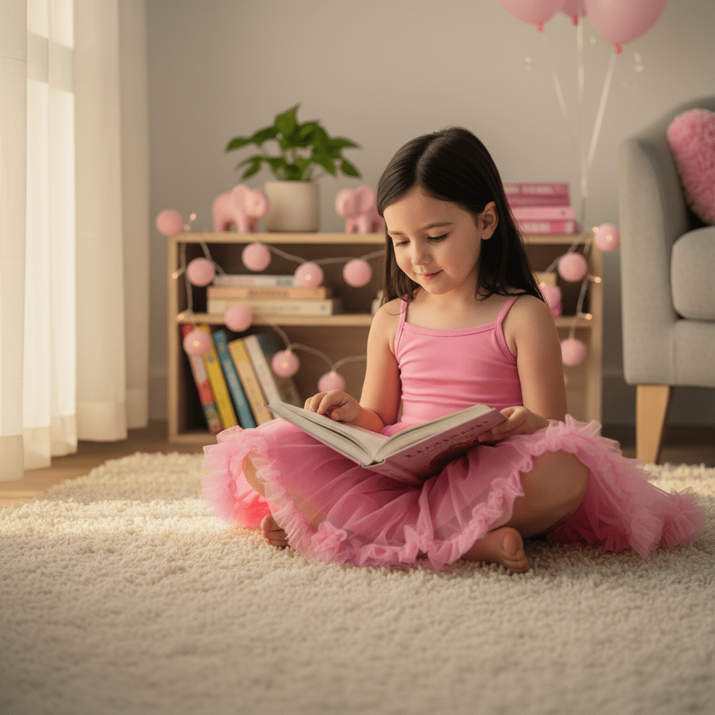 Young girl in a pink dress reading a book in a cozy living room.