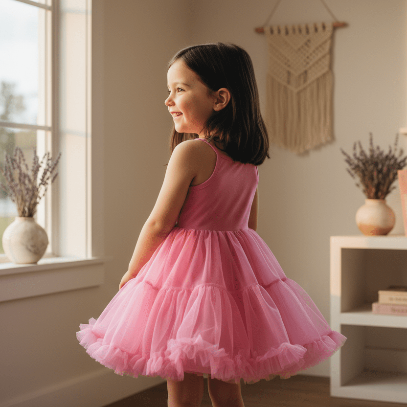 Young girl in a pink dress standing in a room with a shelf and window.