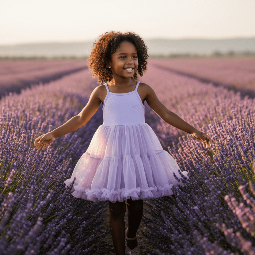 Young girl in a white dress standing in a lavender field at sunset