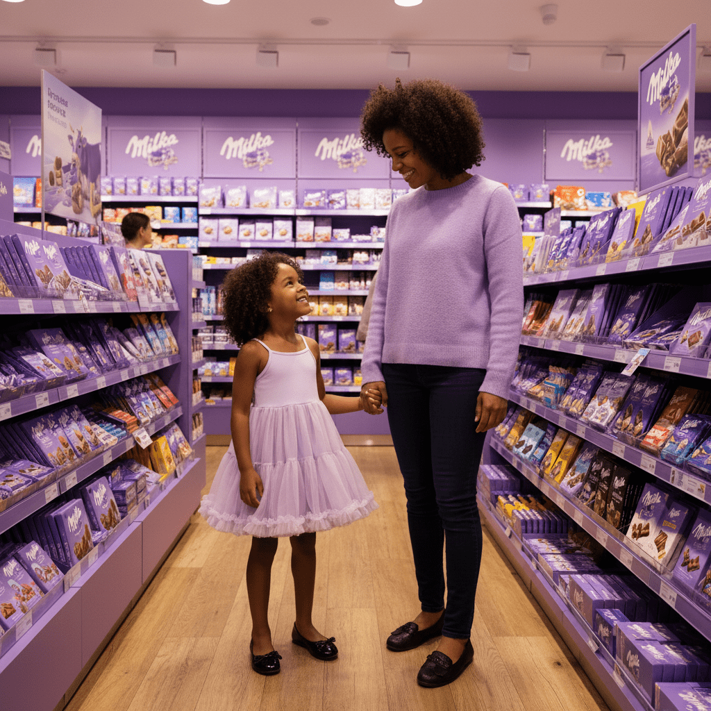 Woman and child in a store aisle with purple packaging