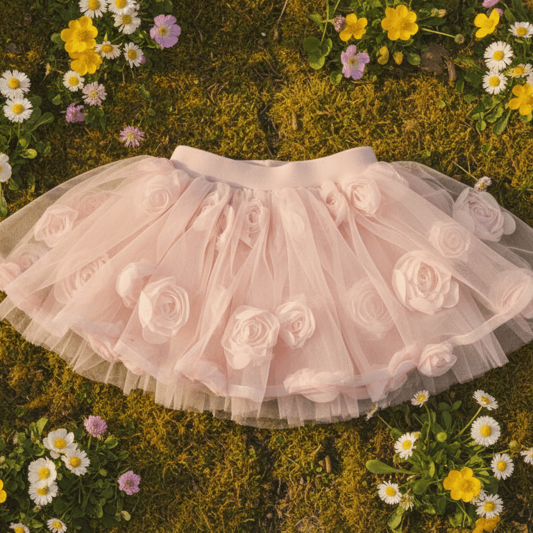 Pink tutu skirt on a grassy background with flowers