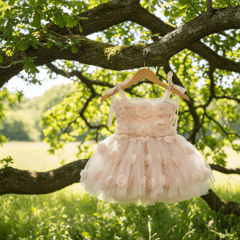 Pink dress hanging from a tree branch in a natural setting