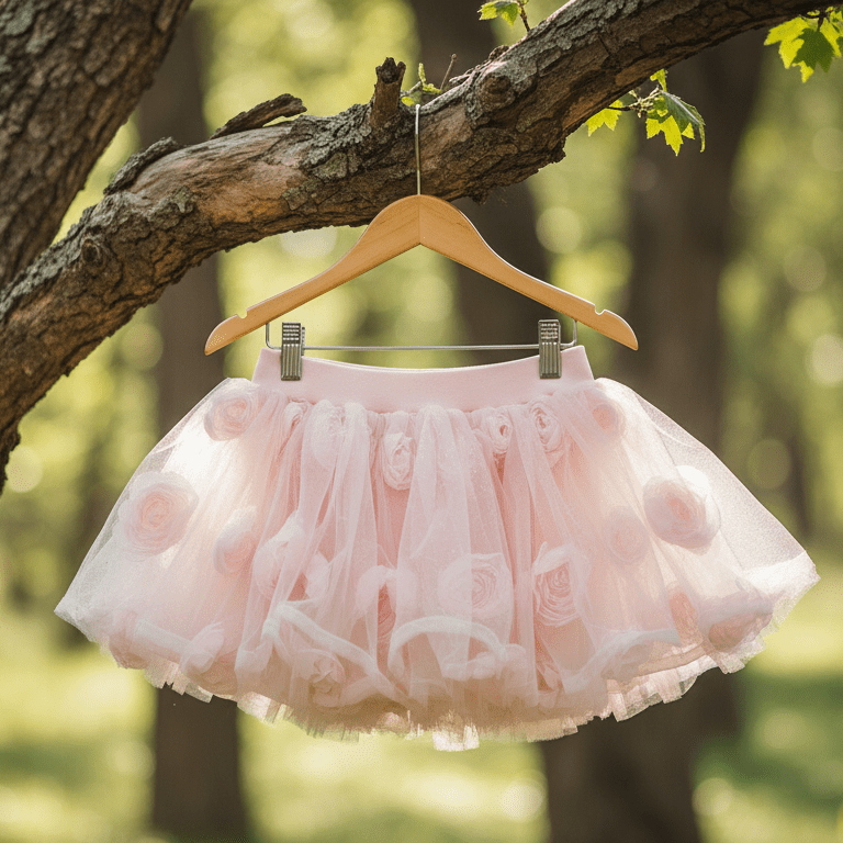 Pink tutu skirt on a hanger hanging from a tree in a park.