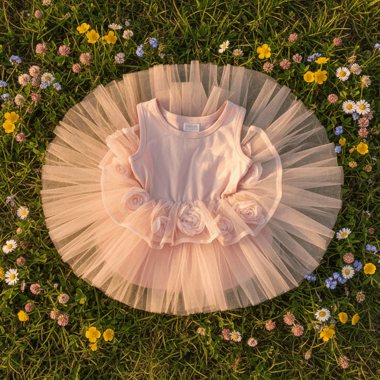 Pink tutu dress on grass with flowers