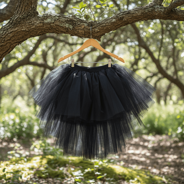 Black tulle skirt on a hanger hanging from a tree in a forest setting