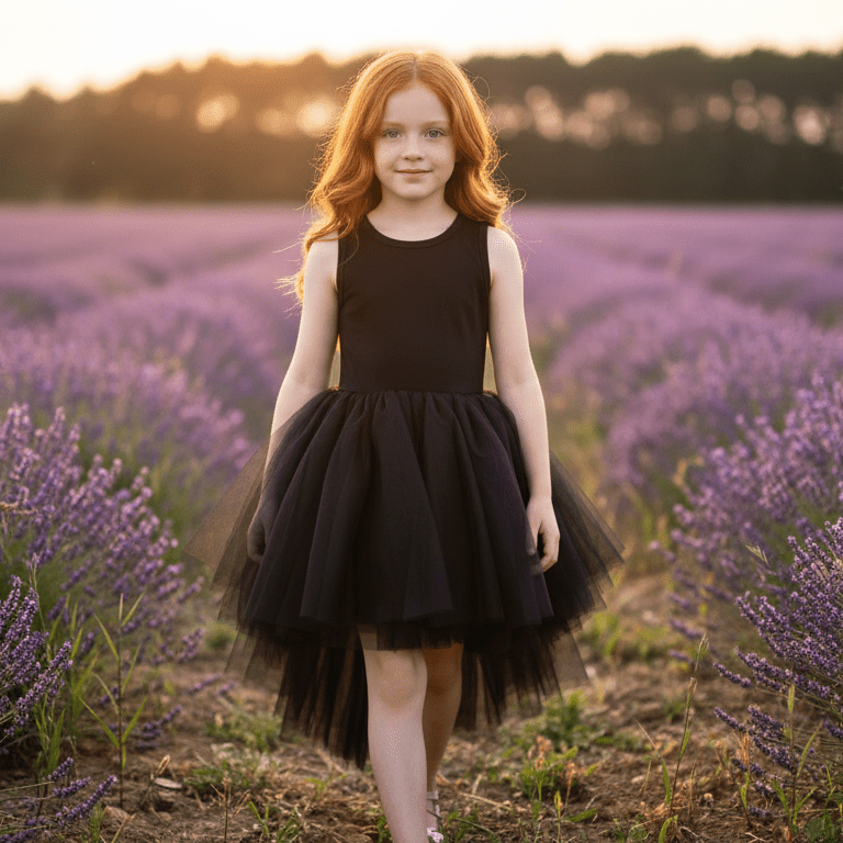 Young girl in a black dress standing in a lavender field at sunset