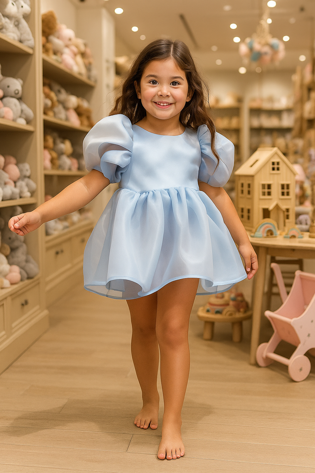 DOLLY V-BACK PUFF SLEEVE ORGANZA TUTU DRESS light blue