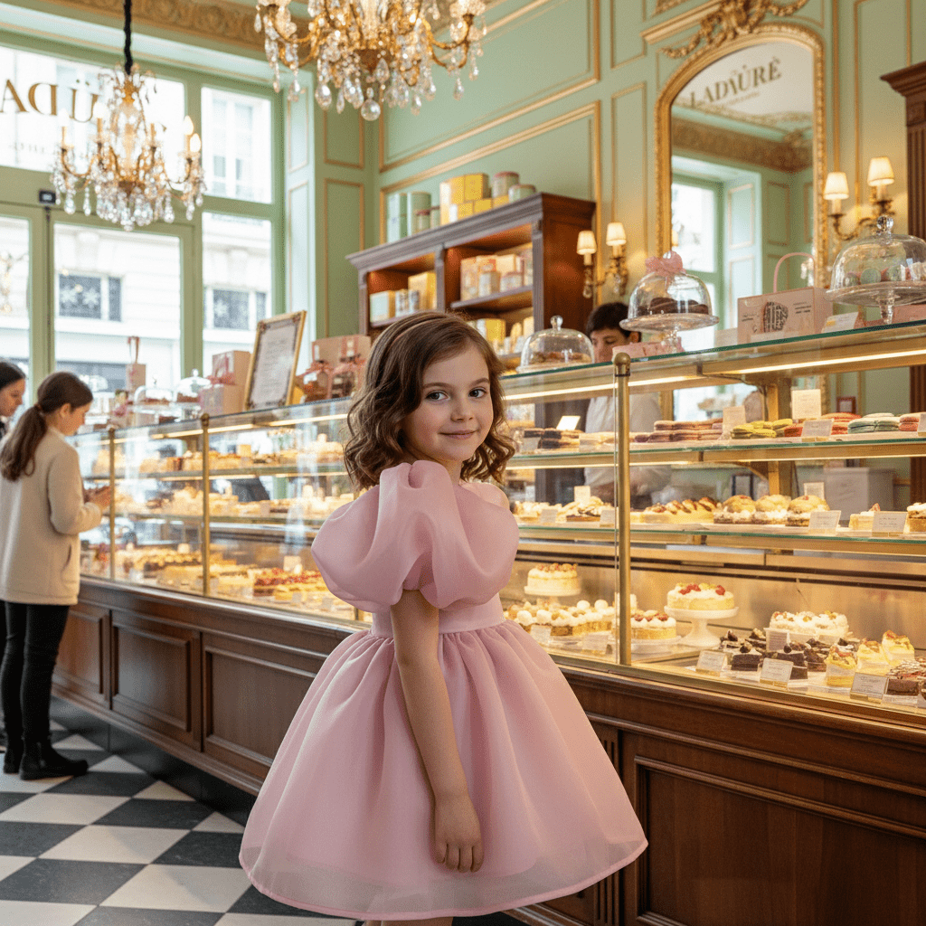 Young girl in a pink dress standing in front of a bakery display case.