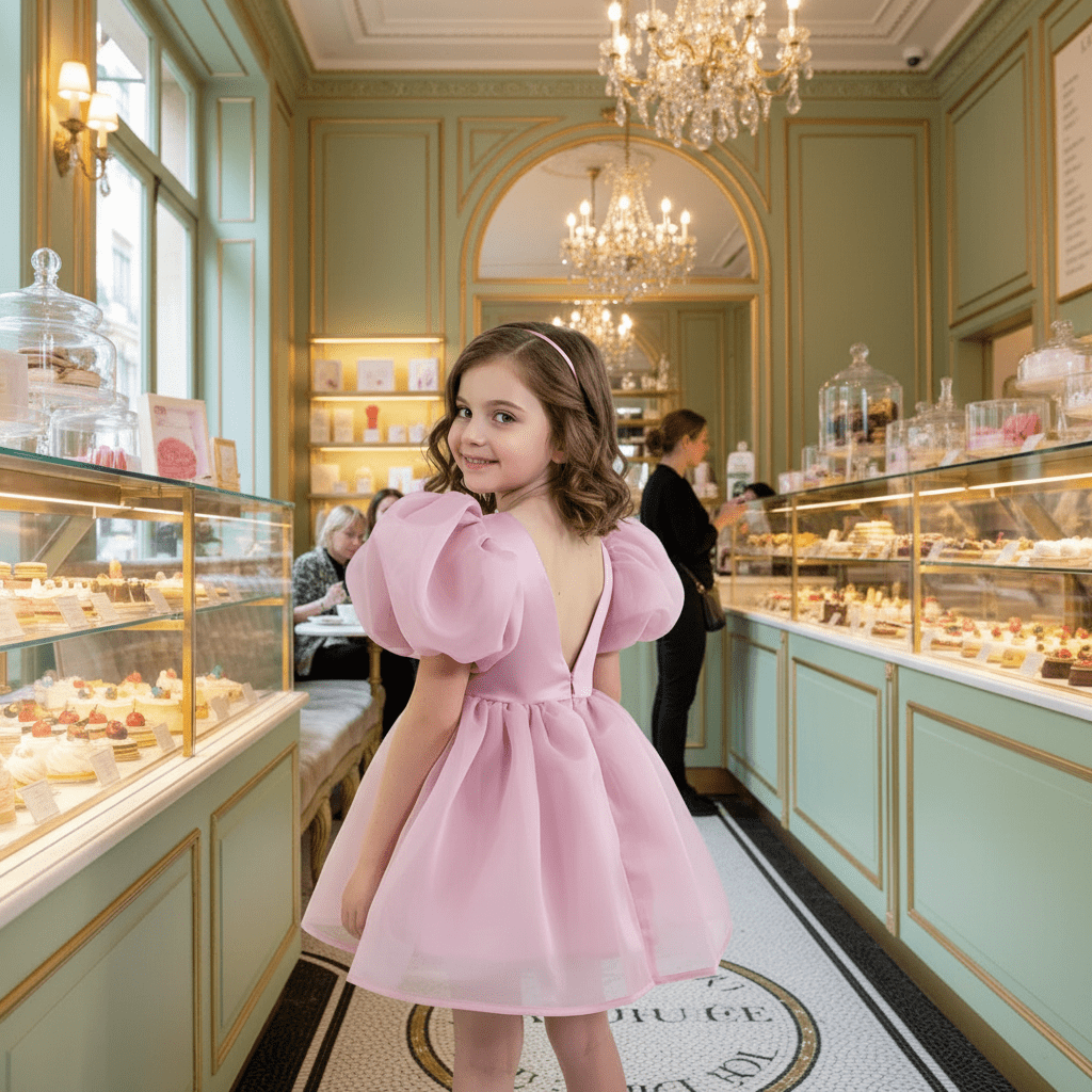 Young girl in a pink dress standing in a bakery with pastries on display.