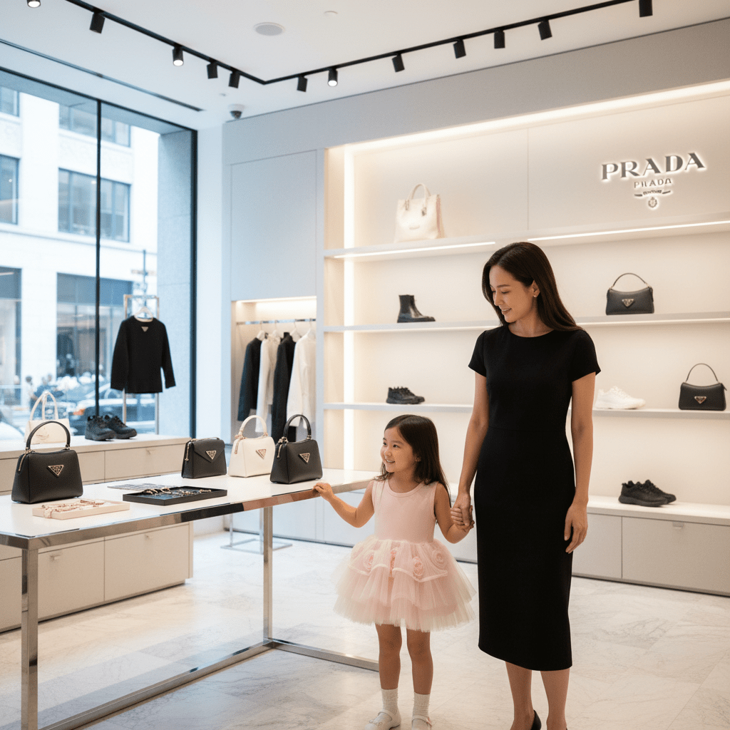 Woman and child in a Prada store looking at handbags.