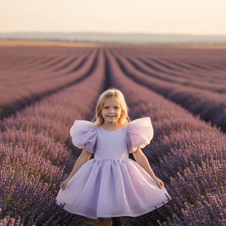 Young girl in a lavender field wearing a light purple dress with puffed sleeves.