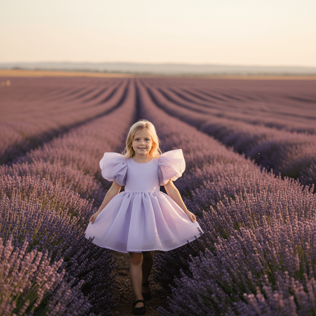 Young girl in a lavender field during sunset