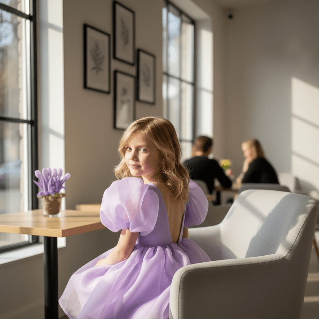 Woman in a purple dress sitting in a modern cafe.