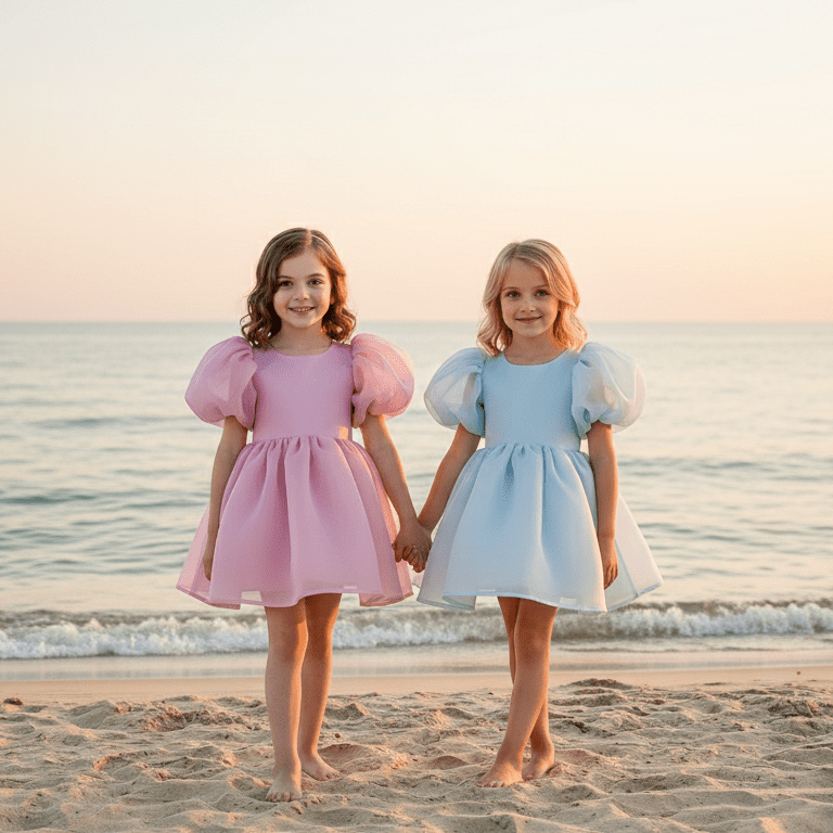 Two young girls in puff-sleeve dresses from DOLLY Le Petit Tom® standing on a beach at sunset.