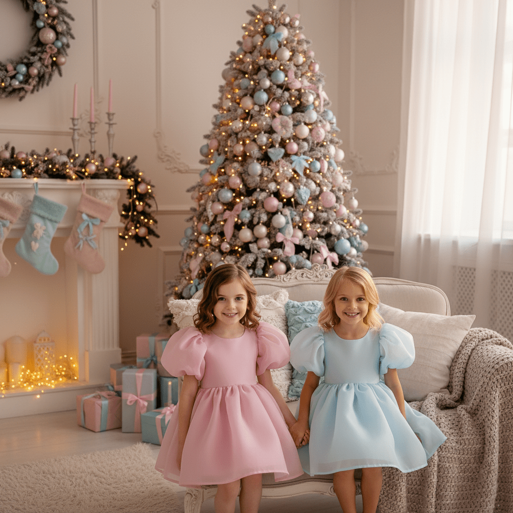 Two young girls in pink and blue dresses standing in front of a decorated Christmas tree.