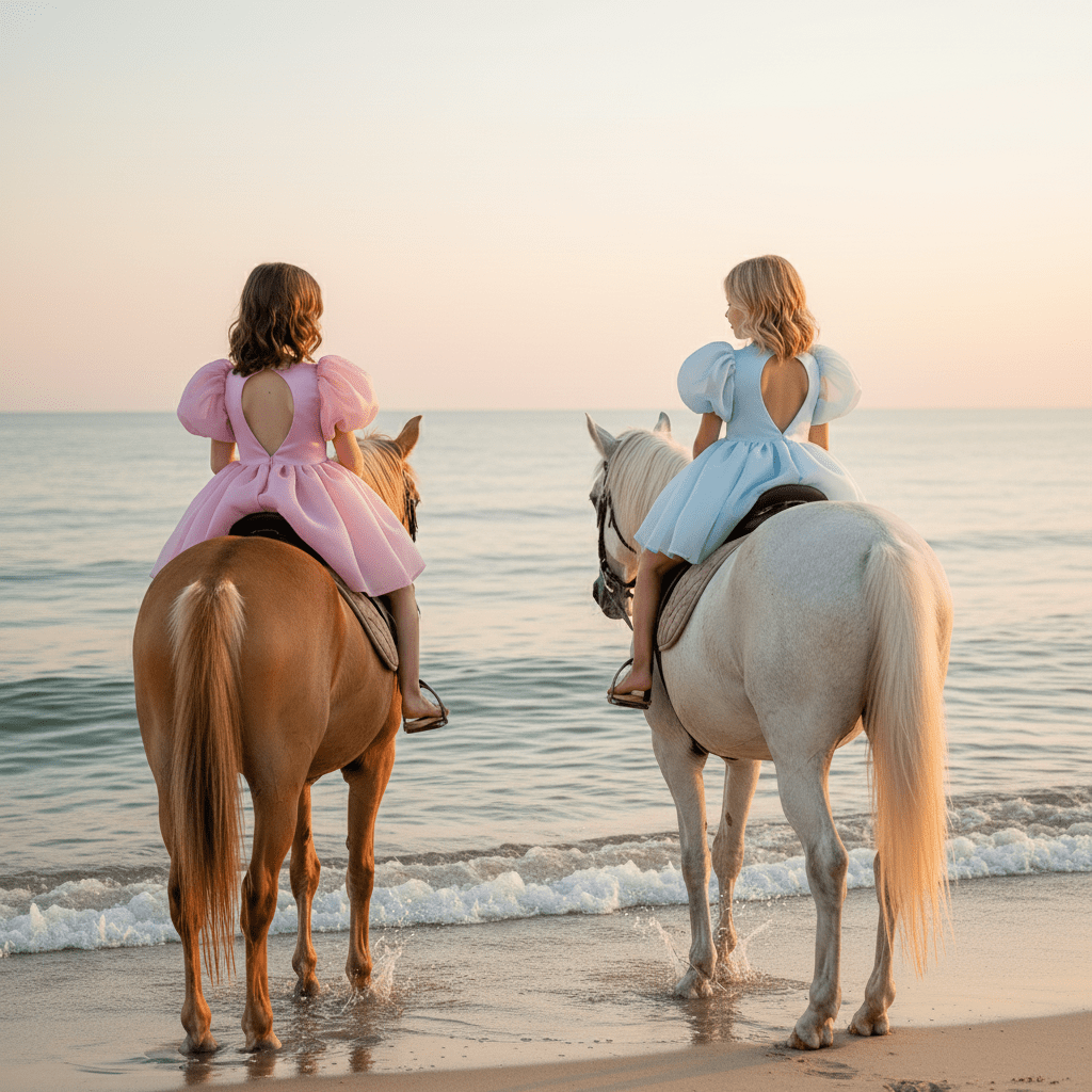 Two women in dresses from DOLLY Le Petit Tom®  riding horses on a beach at sunset.