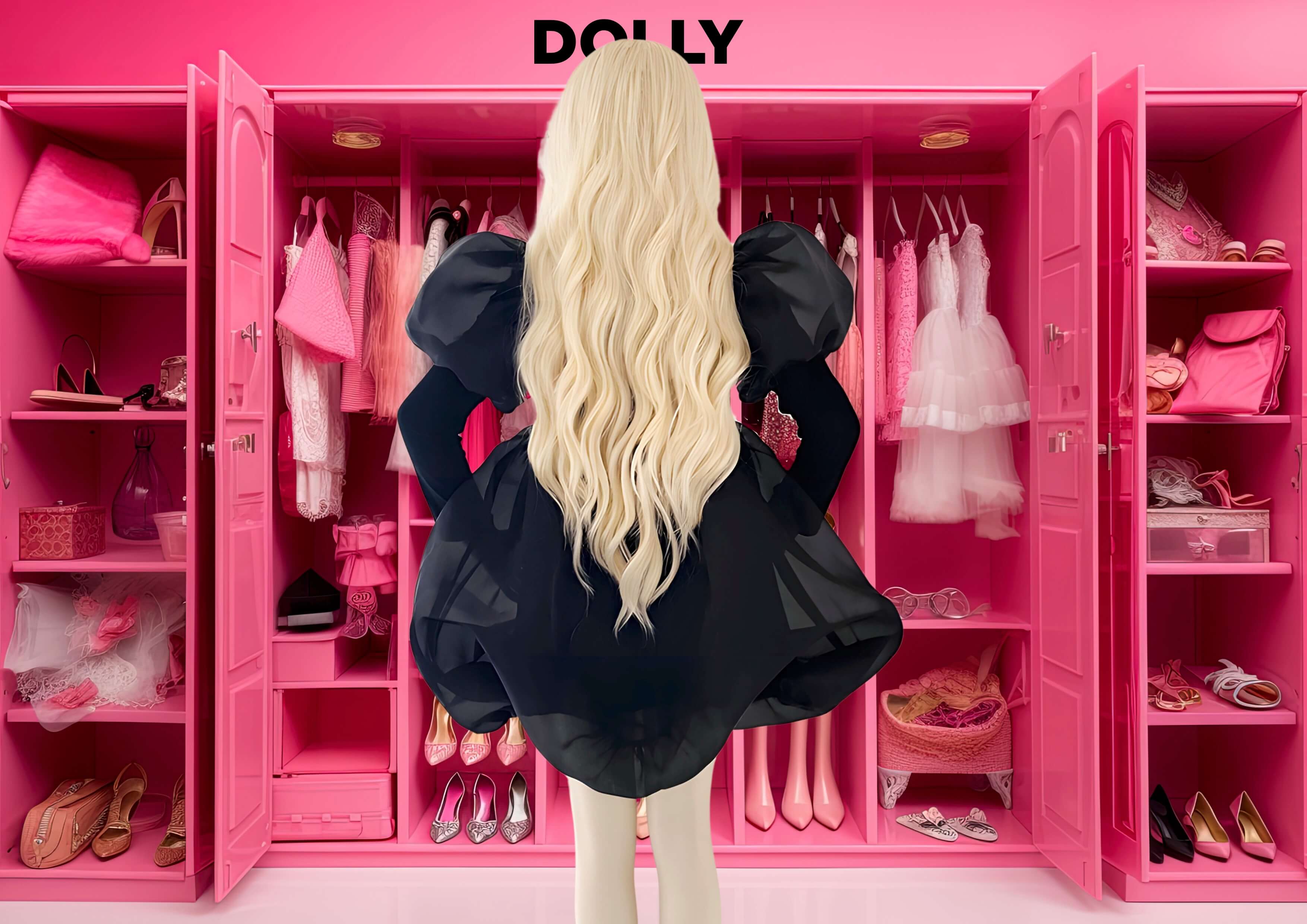 DOLLY WORLD PUFF LONG SLEEVE BALLOON ORGANZA DRESS WITH COTTON BODY black