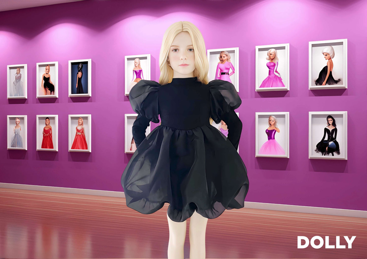 DOLLY® JULIET PUFF LONG SLEEVE BALLOON ORGANZA DRESS WITH COTTON BODY black