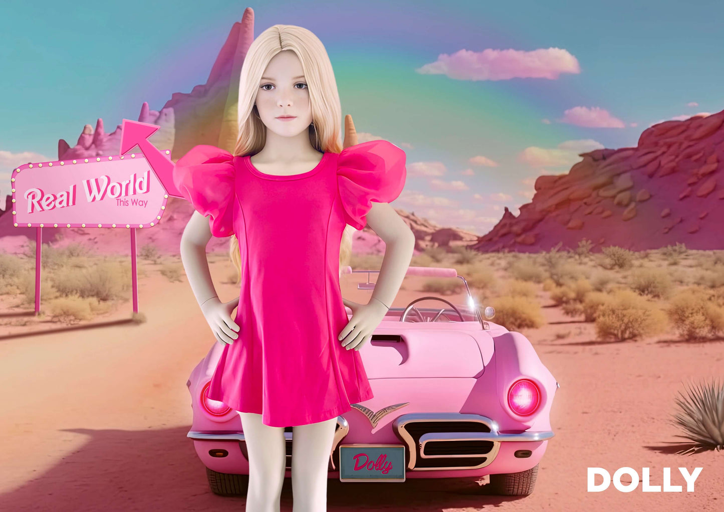DOLLY WORLD SHORT PUFF SLEEVE ORGANZA DRESS WITH COTTON BODY barbiepink