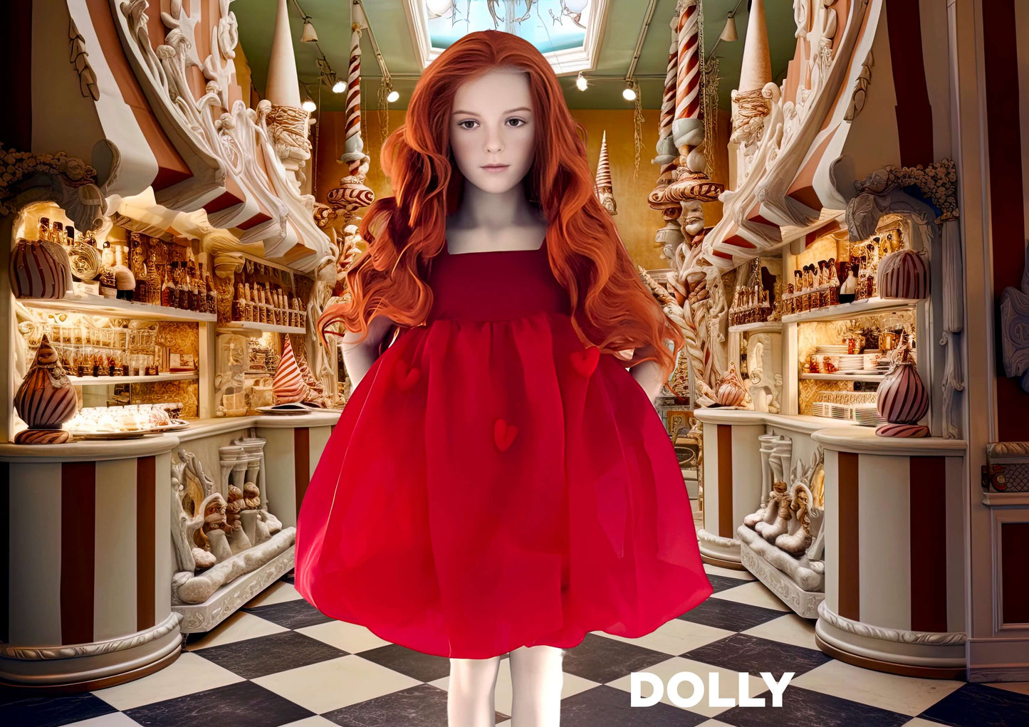 DOLLY WORLD HEART BALLOON ORGANZA DRESS WITH COTTON BODY red