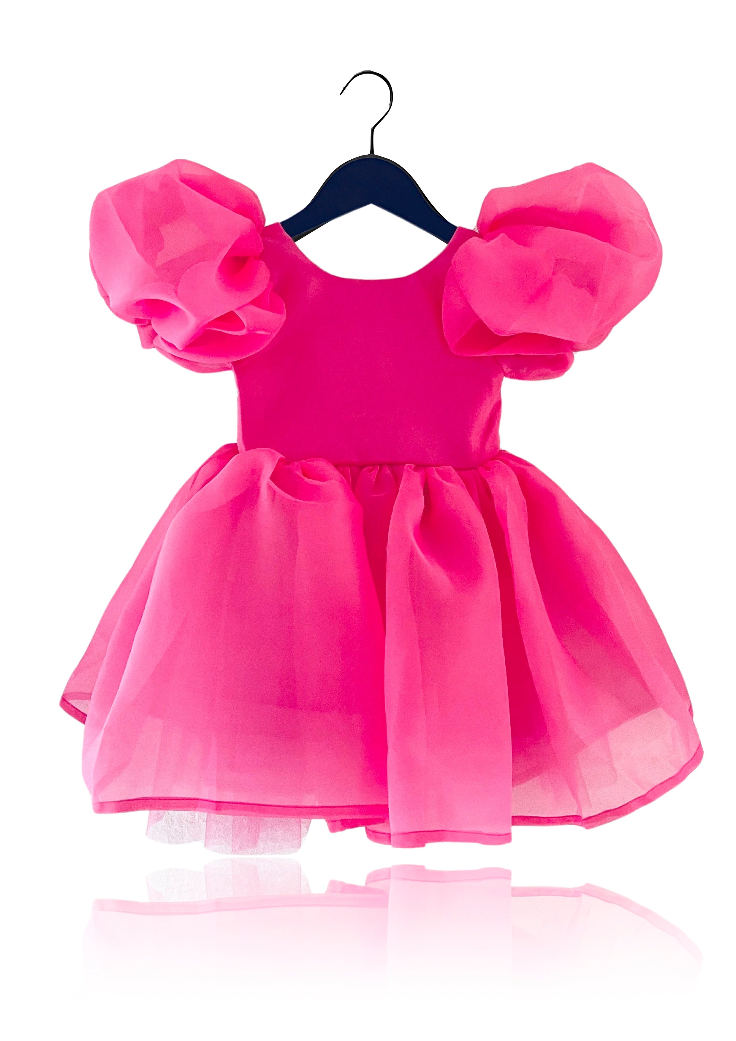 DOLLY V-BACK PUFF SLEEVE ORGANZA TUTU DRESS barbiepink
