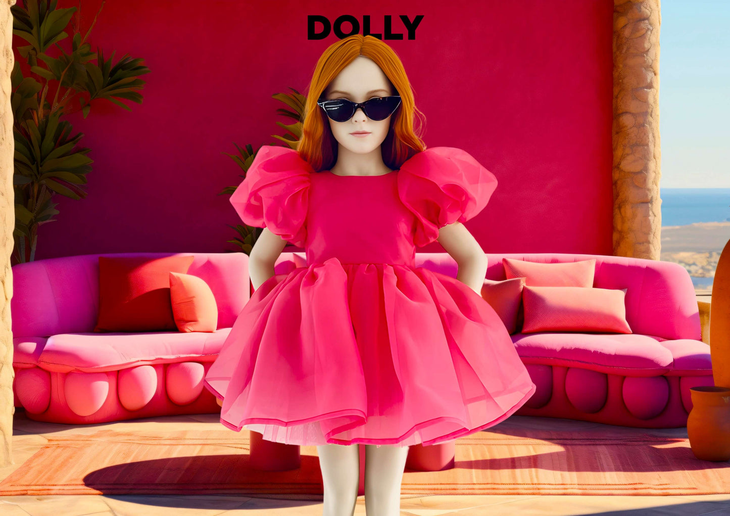 DOLLY WORLD V-BACK PUFF SLEEVE ORGANZA TUTU DRESS barbiepink