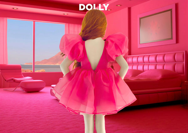 DOLLY WORLD V-BACK PUFF SLEEVE ORGANZA TUTU DRESS barbiepink