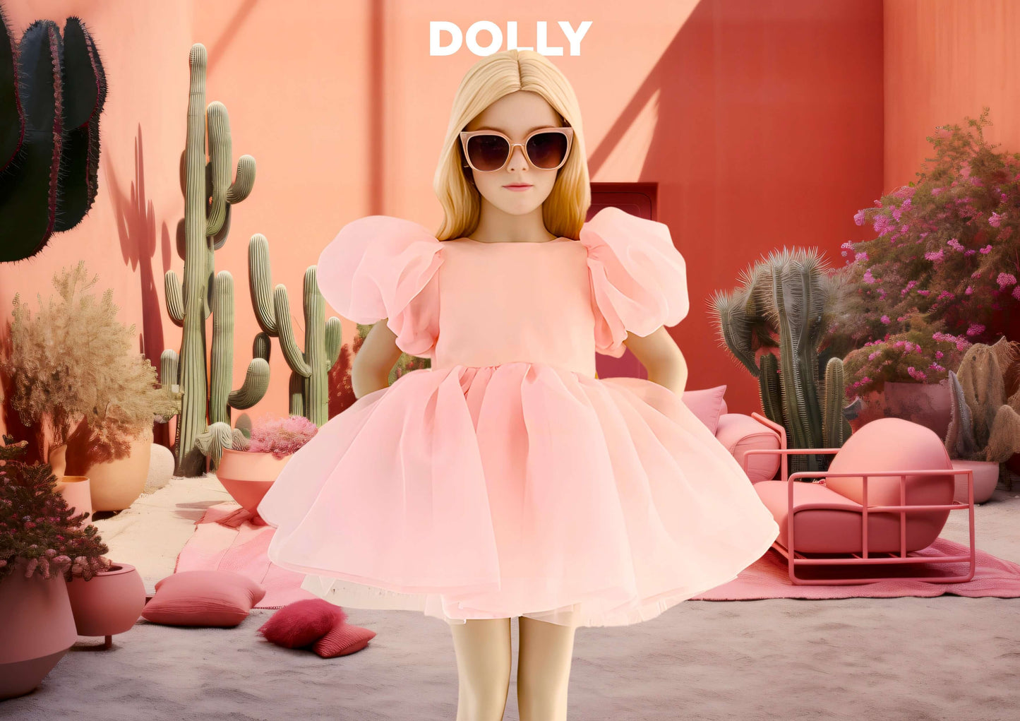 DOLLY WORLD V-BACK PUFF SLEEVE ORGANZA TUTU DRESS dollypink