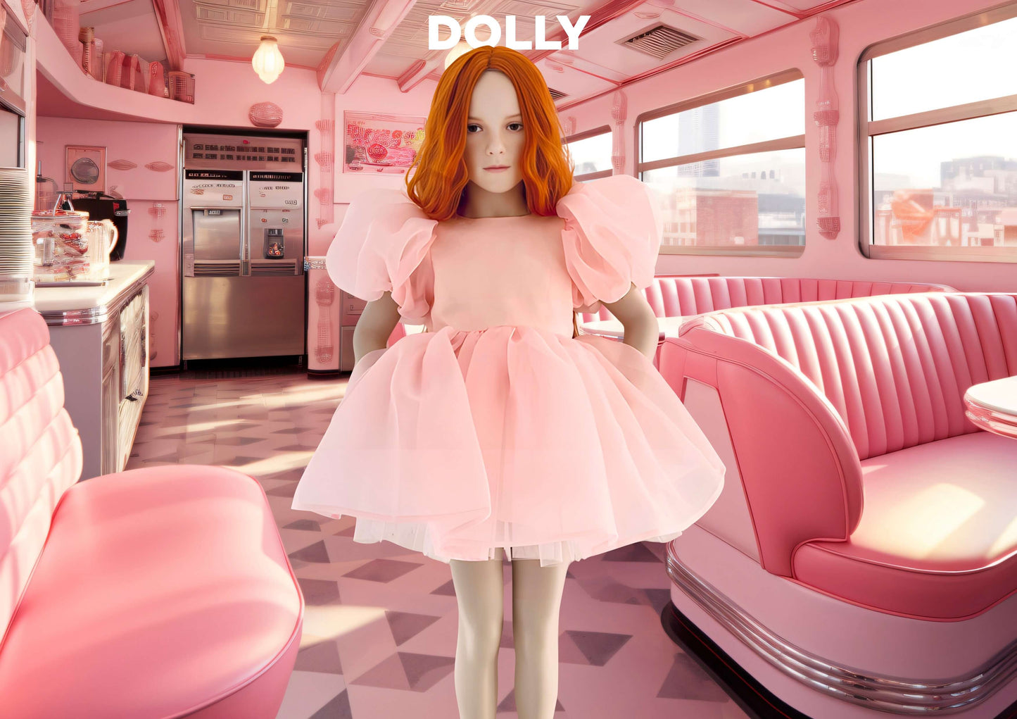 DOLLY WORLD V-BACK PUFF SLEEVE ORGANZA TUTU DRESS dollypink